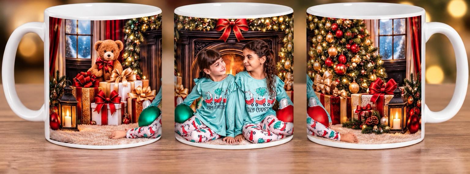Christmas sisters photo mug sample from finished portraits